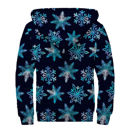 Turquoise Snowflake Pattern Print Sherpa Lined Zip Up Hoodie