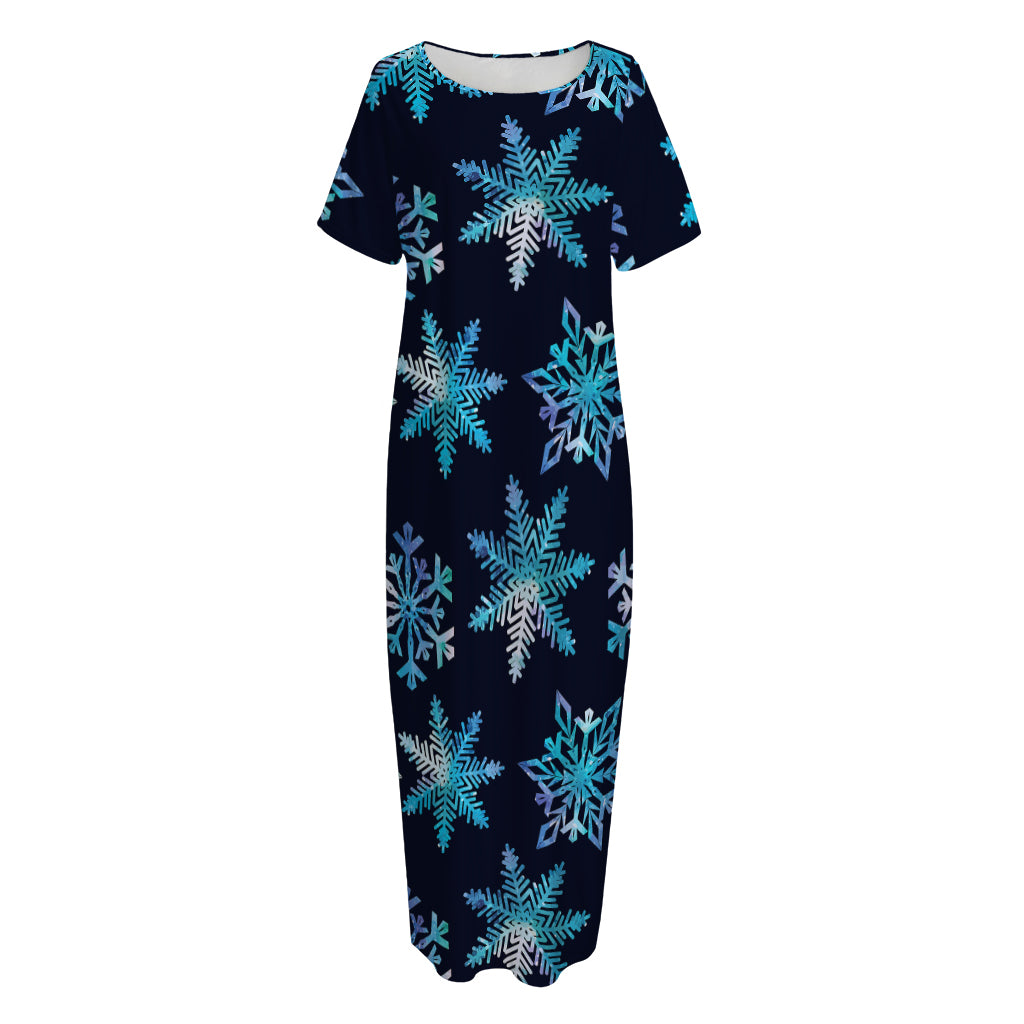 Turquoise Snowflake Pattern Print Short Sleeve Long Nightdress
