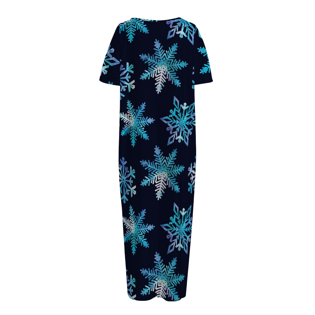Turquoise Snowflake Pattern Print Short Sleeve Long Nightdress