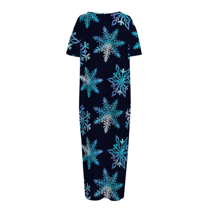 Turquoise Snowflake Pattern Print Short Sleeve Long Nightdress