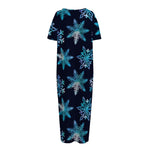 Turquoise Snowflake Pattern Print Short Sleeve Long Nightdress