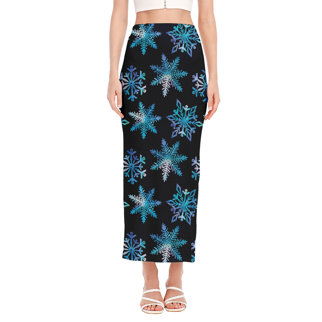 Turquoise Snowflake Pattern Print Side Slit Maxi Skirt