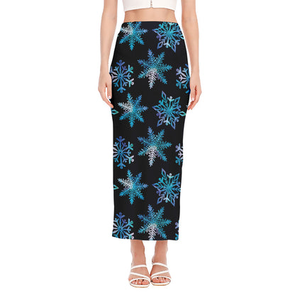 Turquoise Snowflake Pattern Print Side Slit Maxi Skirt