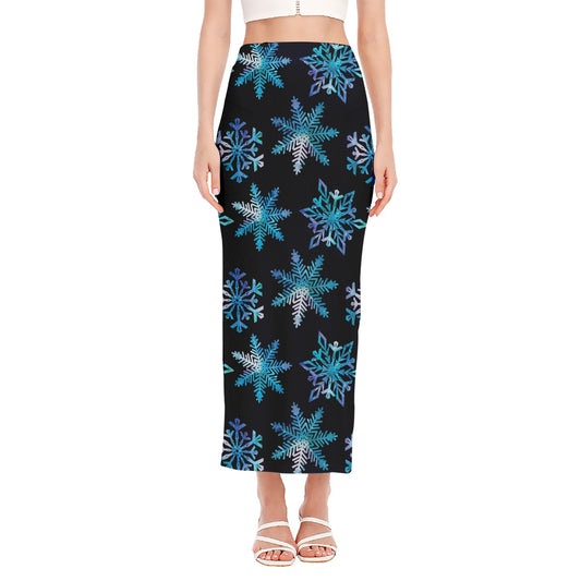 Turquoise Snowflake Pattern Print Side Slit Maxi Skirt