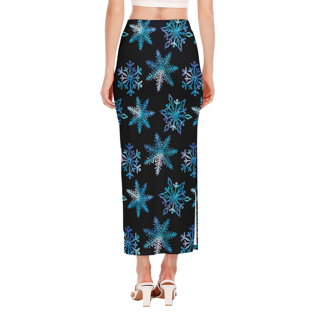 Turquoise Snowflake Pattern Print Side Slit Maxi Skirt