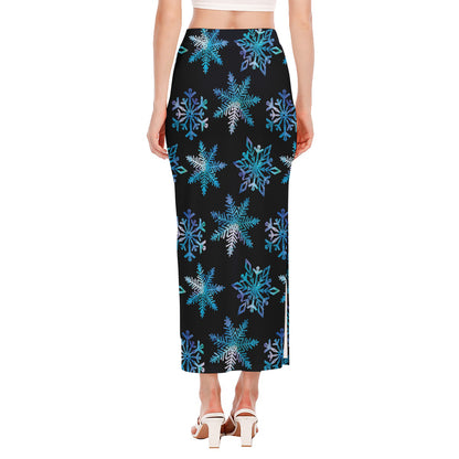 Turquoise Snowflake Pattern Print Side Slit Maxi Skirt