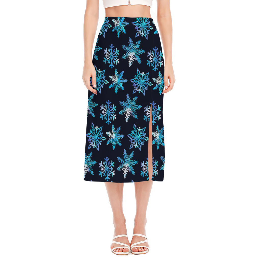 Turquoise Snowflake Pattern Print Side Slit Midi Skirt