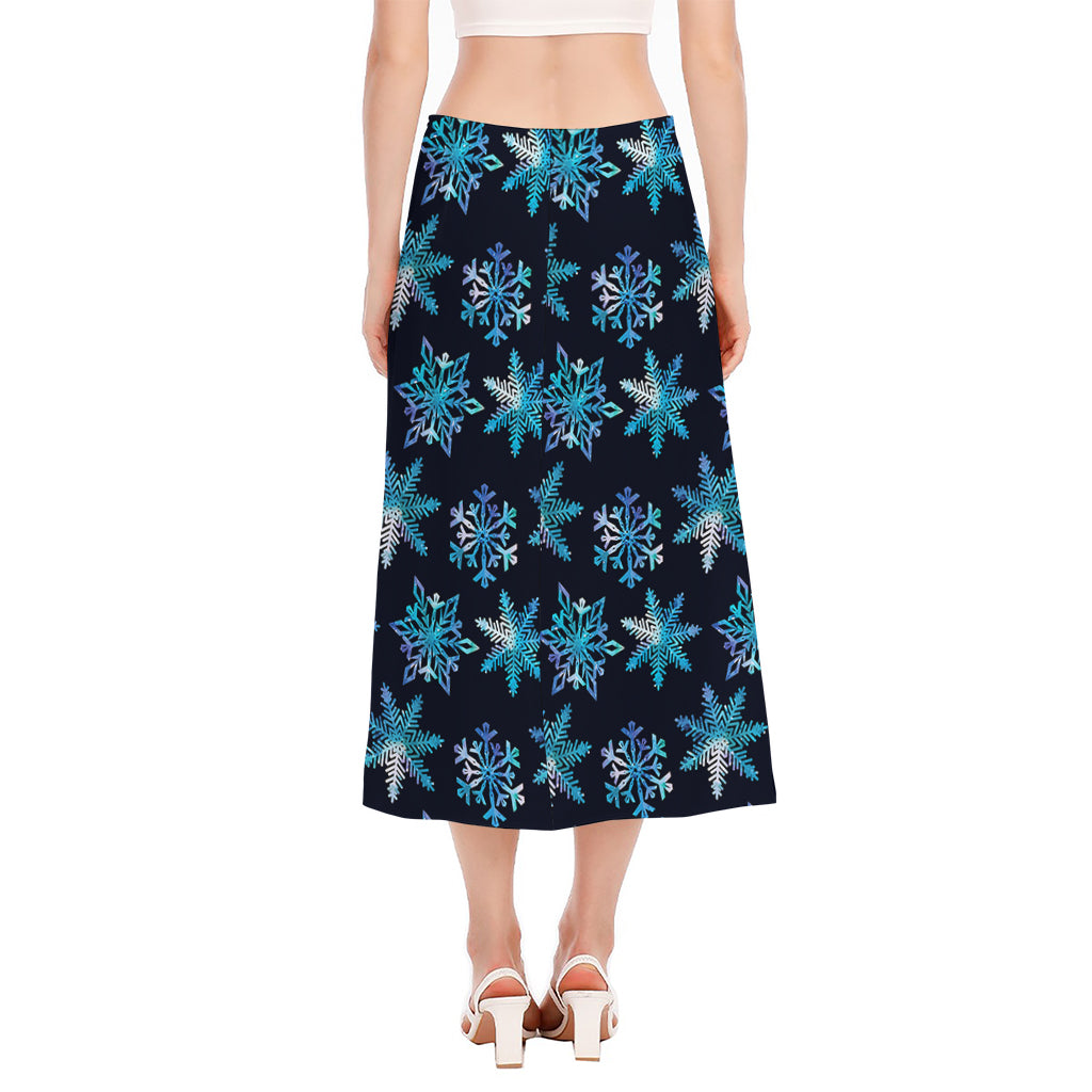 Turquoise Snowflake Pattern Print Side Slit Midi Skirt