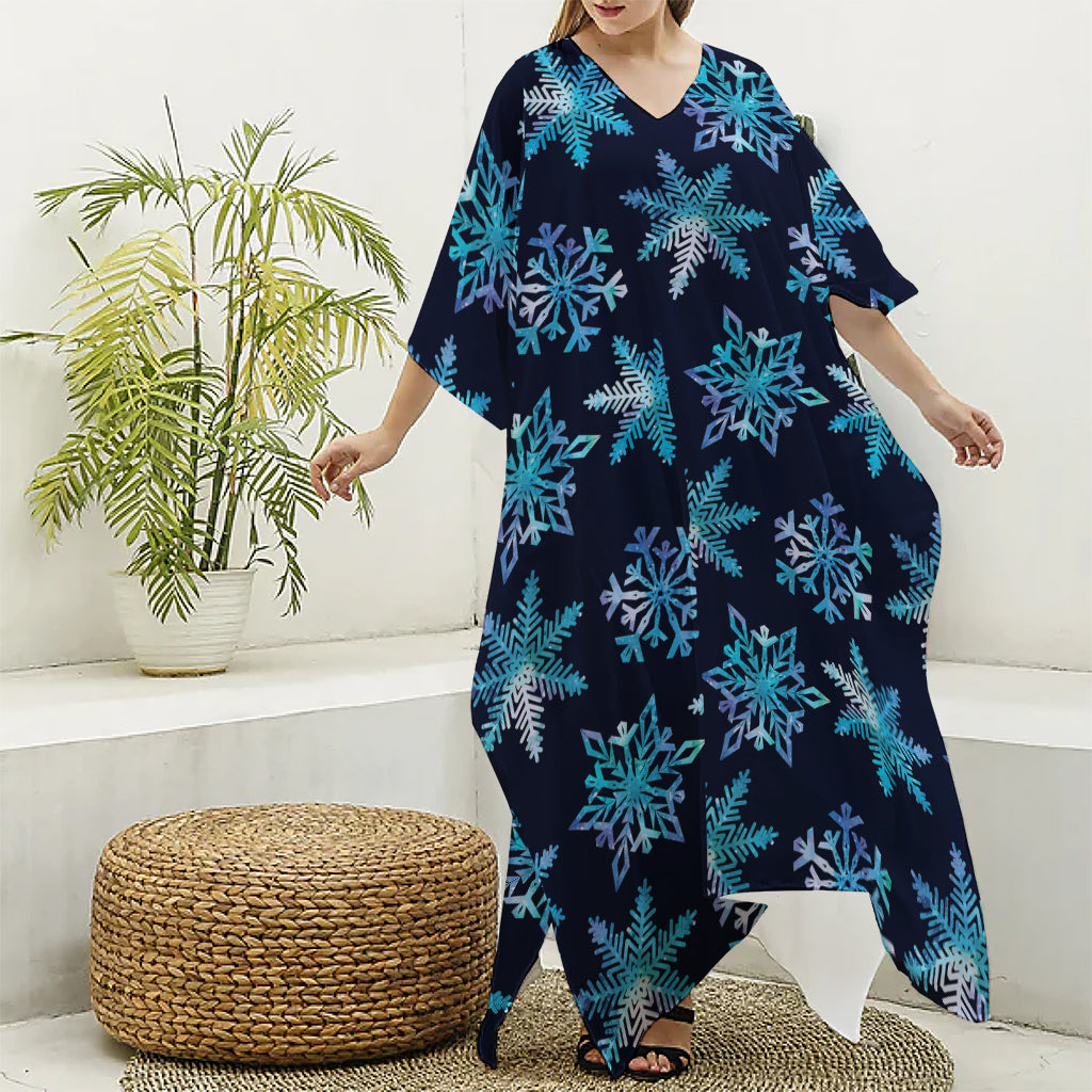 Turquoise Snowflake Pattern Print Silk V-Neck Kaftan Dress