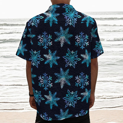Turquoise Snowflake Pattern Print Textured Short Sleeve Shirt