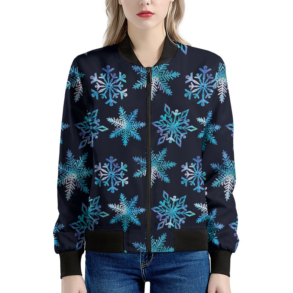 Turquoise Snowflake Pattern Print Women's Bomber Jacket