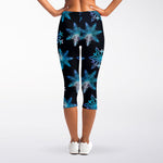 Turquoise Snowflake Pattern Print Women's Capri Leggings