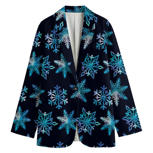 Turquoise Snowflake Pattern Print Women's Cotton Blazer