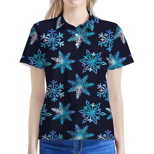 Turquoise Snowflake Pattern Print Women's Polo Shirt