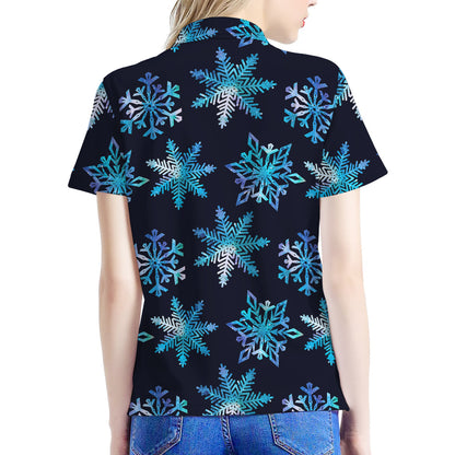 Turquoise Snowflake Pattern Print Women's Polo Shirt