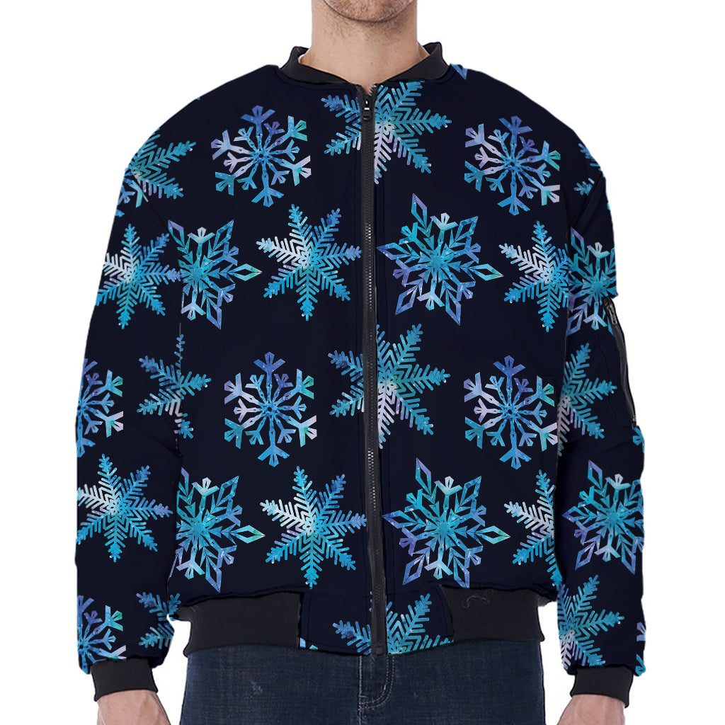 Turquoise Snowflake Pattern Print Zip Sleeve Bomber Jacket