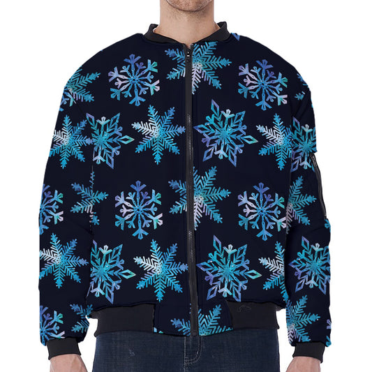 Turquoise Snowflake Pattern Print Zip Sleeve Bomber Jacket