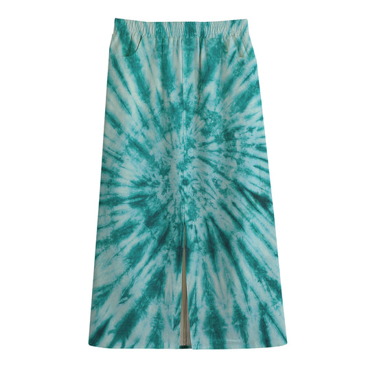 Turquoise Tie Dye Print Cotton Front Slit Maxi Skirt