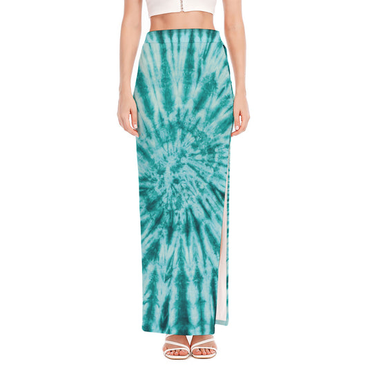 Turquoise Tie Dye Print High Slit Maxi Skirt