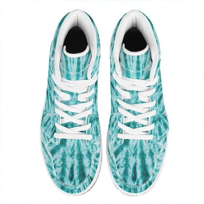Turquoise Tie Dye Print High Top Leather Sneakers