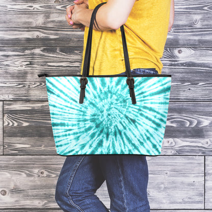 Turquoise Tie Dye Print Leather Tote Bag