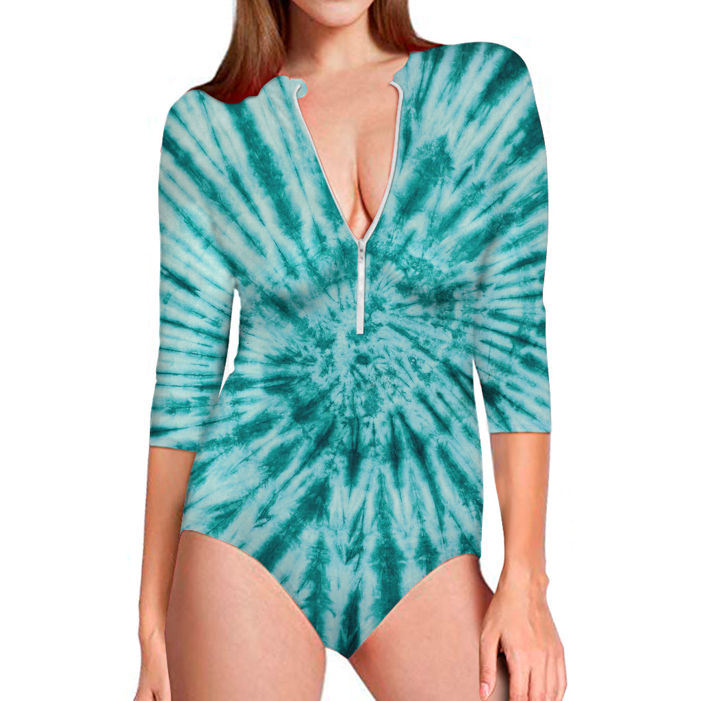 Turquoise Tie Dye Print Long Sleeve Swimsuit