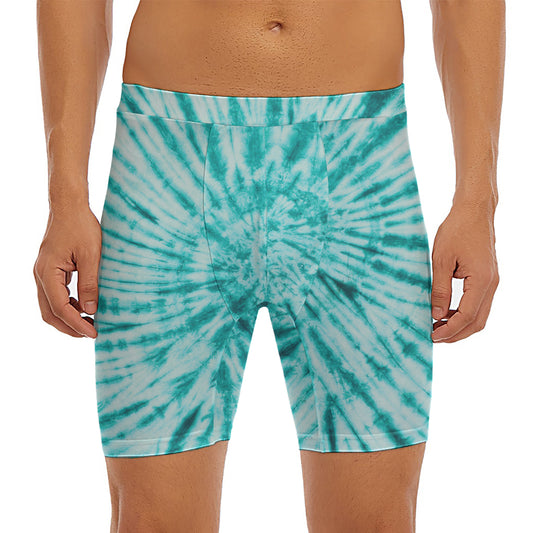 Turquoise Tie Dye Print Men's Long Boxer Briefs