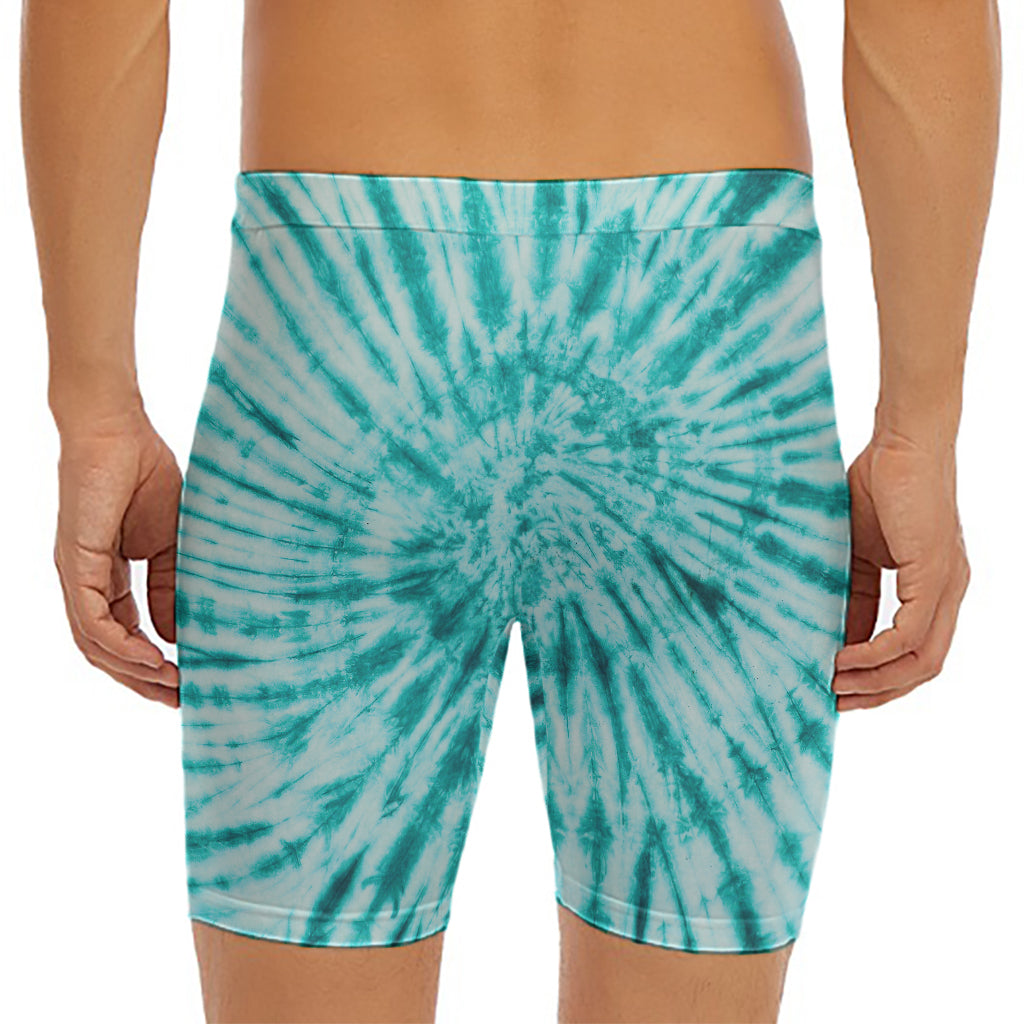 Turquoise Tie Dye Print Men's Long Boxer Briefs