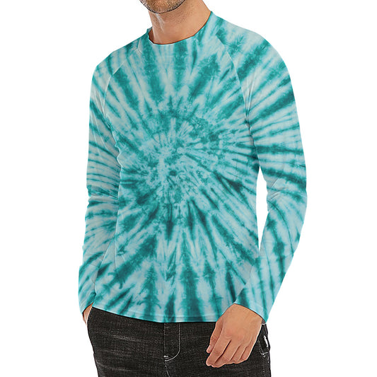 Turquoise Tie Dye Print Men's Long Sleeve Rash Guard