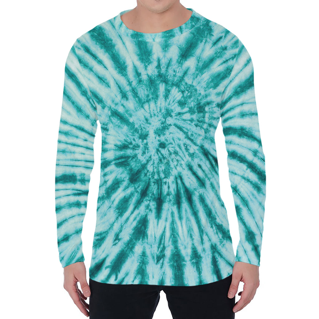 Turquoise Tie Dye Print Men's Long Sleeve T-Shirt