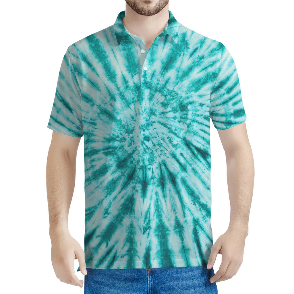 Turquoise Tie Dye Print Men's Polo Shirt