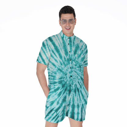 Turquoise Tie Dye Print Men's Rompers