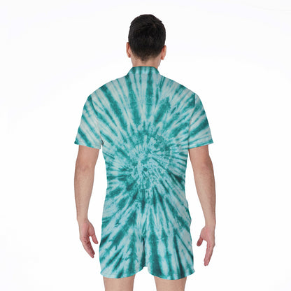 Turquoise Tie Dye Print Men's Rompers