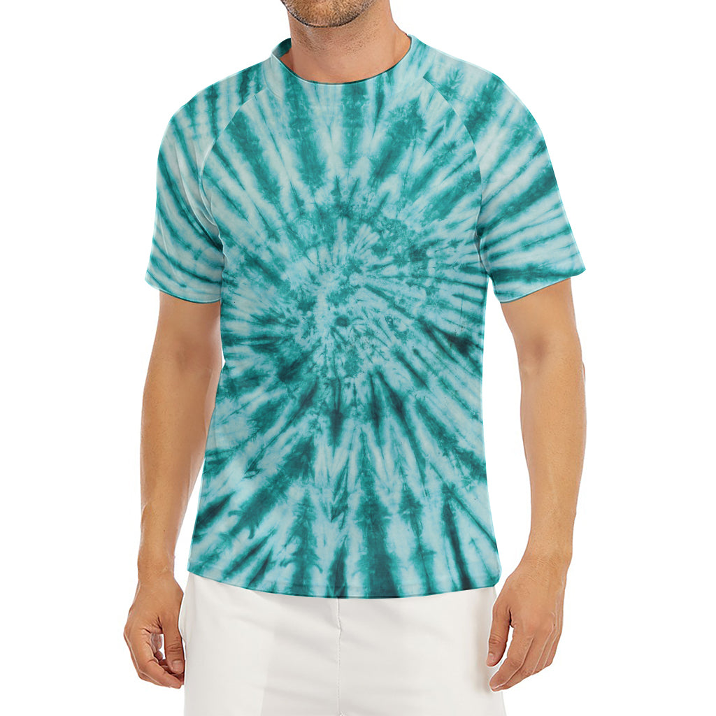 Turquoise Tie Dye Print Men's Short Sleeve Rash Guard