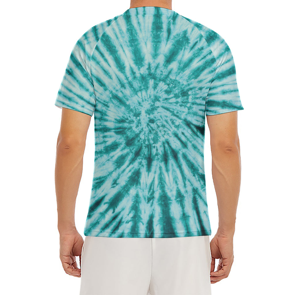 Turquoise Tie Dye Print Men's Short Sleeve Rash Guard