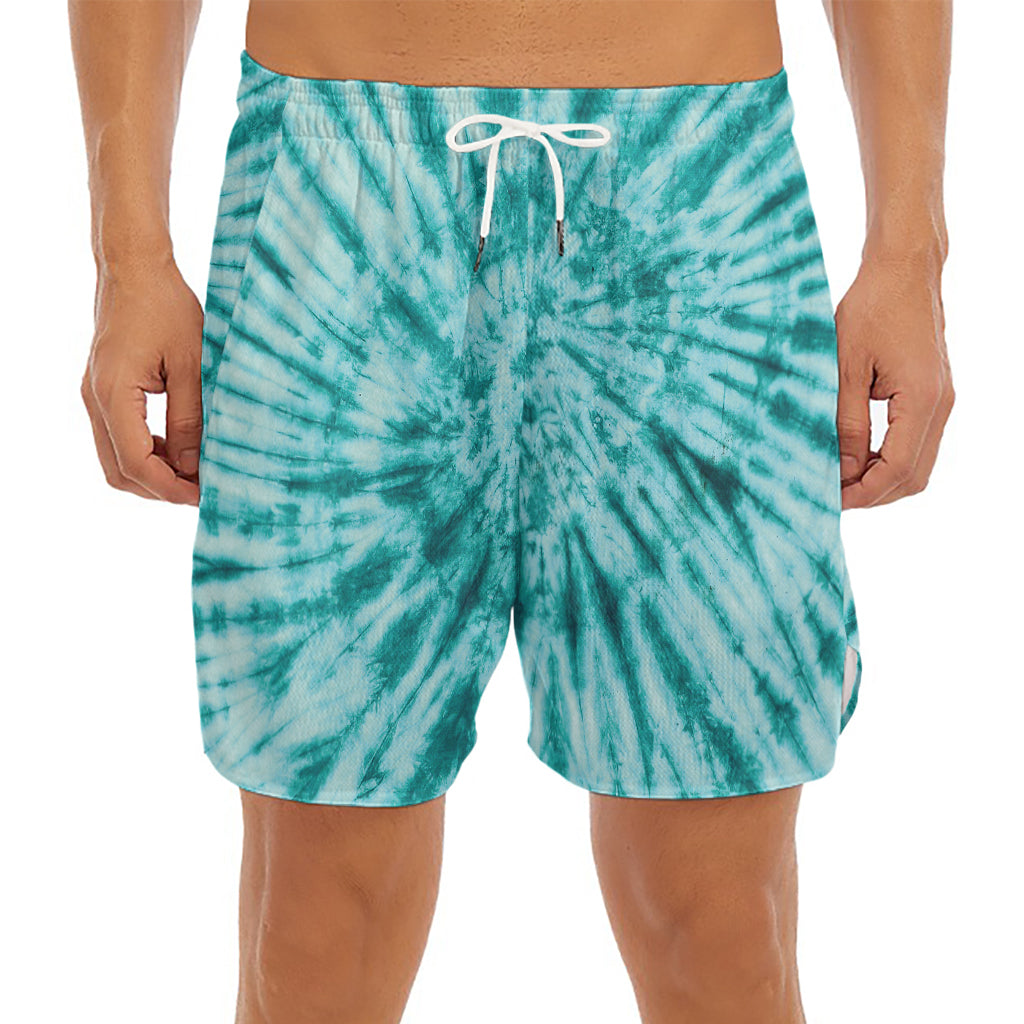 Turquoise Tie Dye Print Men's Split Running Shorts
