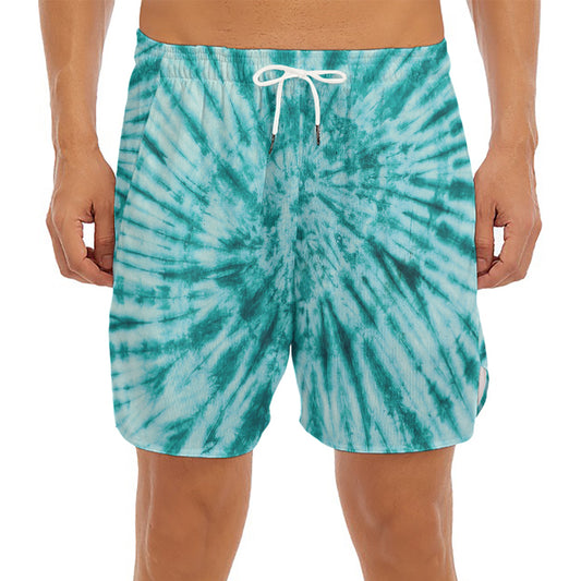 Turquoise Tie Dye Print Men's Split Running Shorts