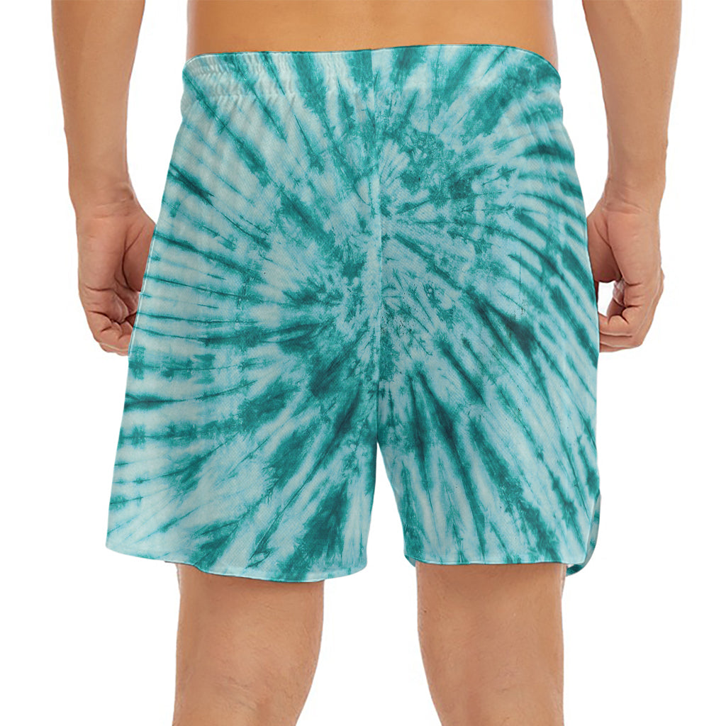 Turquoise Tie Dye Print Men's Split Running Shorts