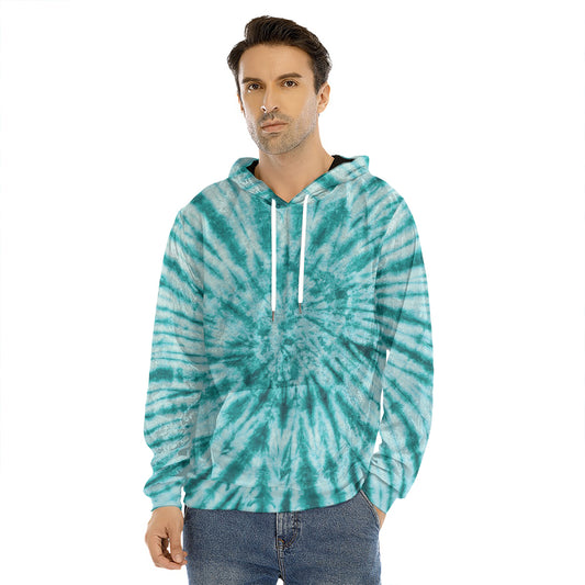 Turquoise Tie Dye Print Men's Velvet Pullover Hoodie