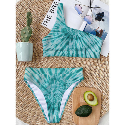 Turquoise Tie Dye Print One Shoulder Bikini Top