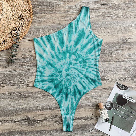 Turquoise Tie Dye Print One Shoulder Bodysuit