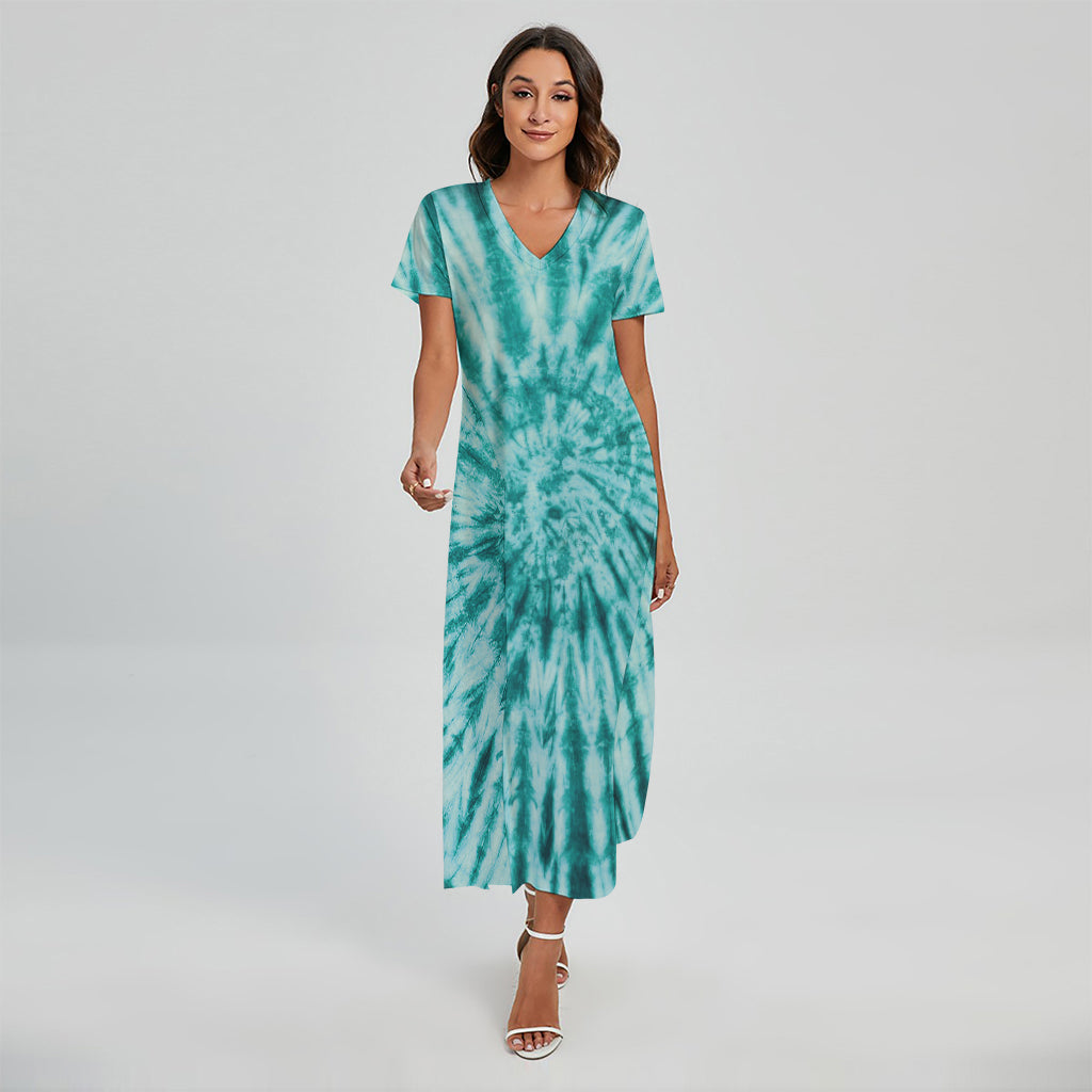 Turquoise Tie Dye Print Short Sleeve Maxi Dress