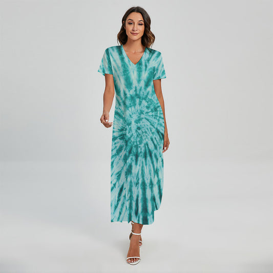Turquoise Tie Dye Print Short Sleeve Maxi Dress