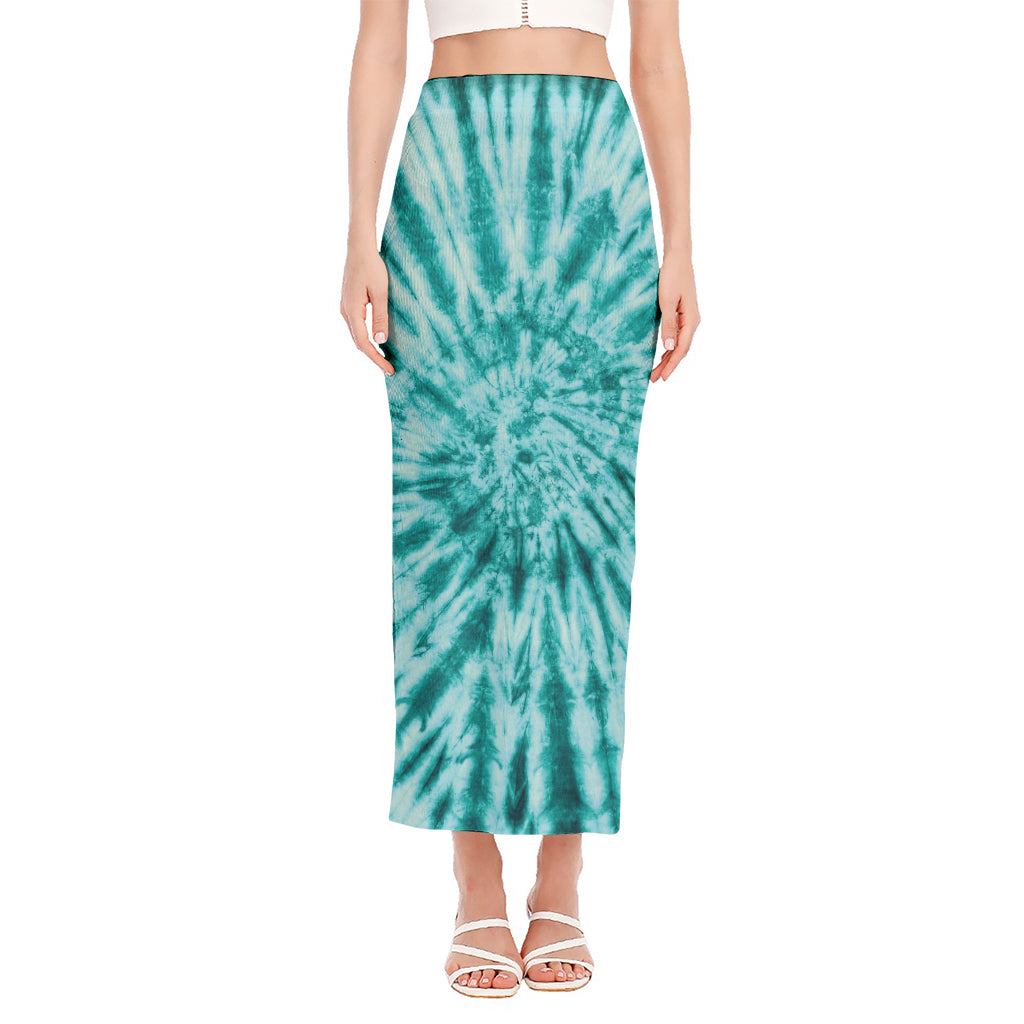Turquoise Tie Dye Print Side Slit Maxi Skirt