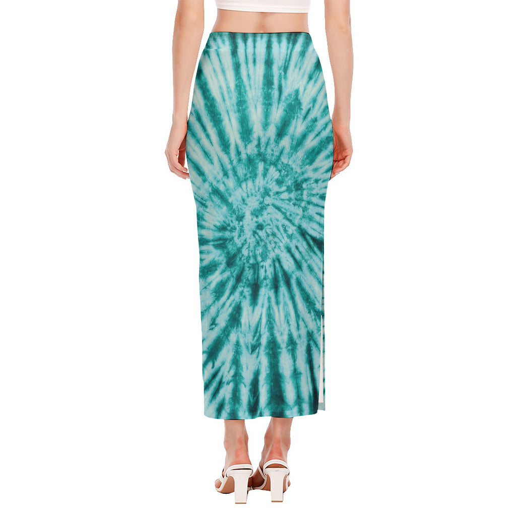 Turquoise Tie Dye Print Side Slit Maxi Skirt