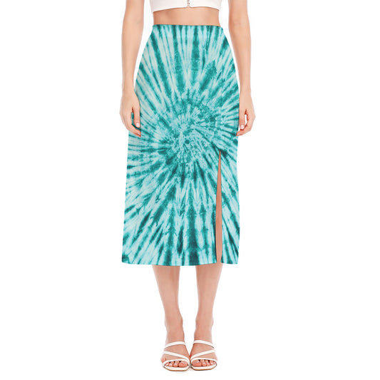 Turquoise Tie Dye Print Side Slit Midi Skirt