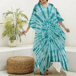 Turquoise Tie Dye Print Silk V-Neck Kaftan Dress