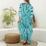 Turquoise Tie Dye Print Silk V-Neck Kaftan Dress