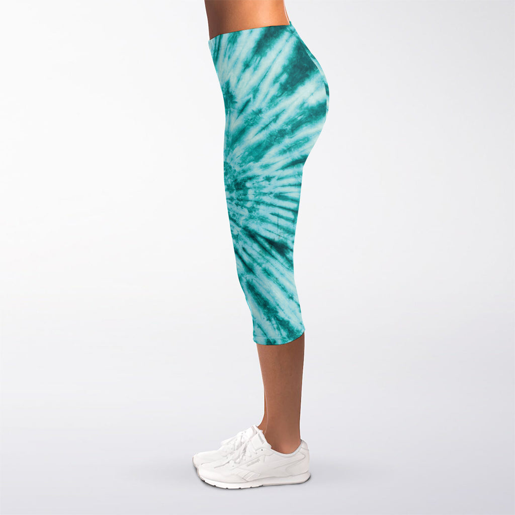 Turquoise Tie Dye Print Women's Capri Leggings