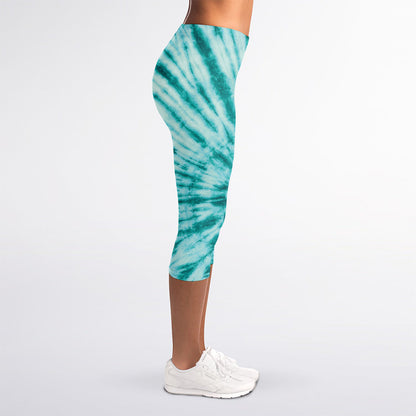 Turquoise Tie Dye Print Women's Capri Leggings